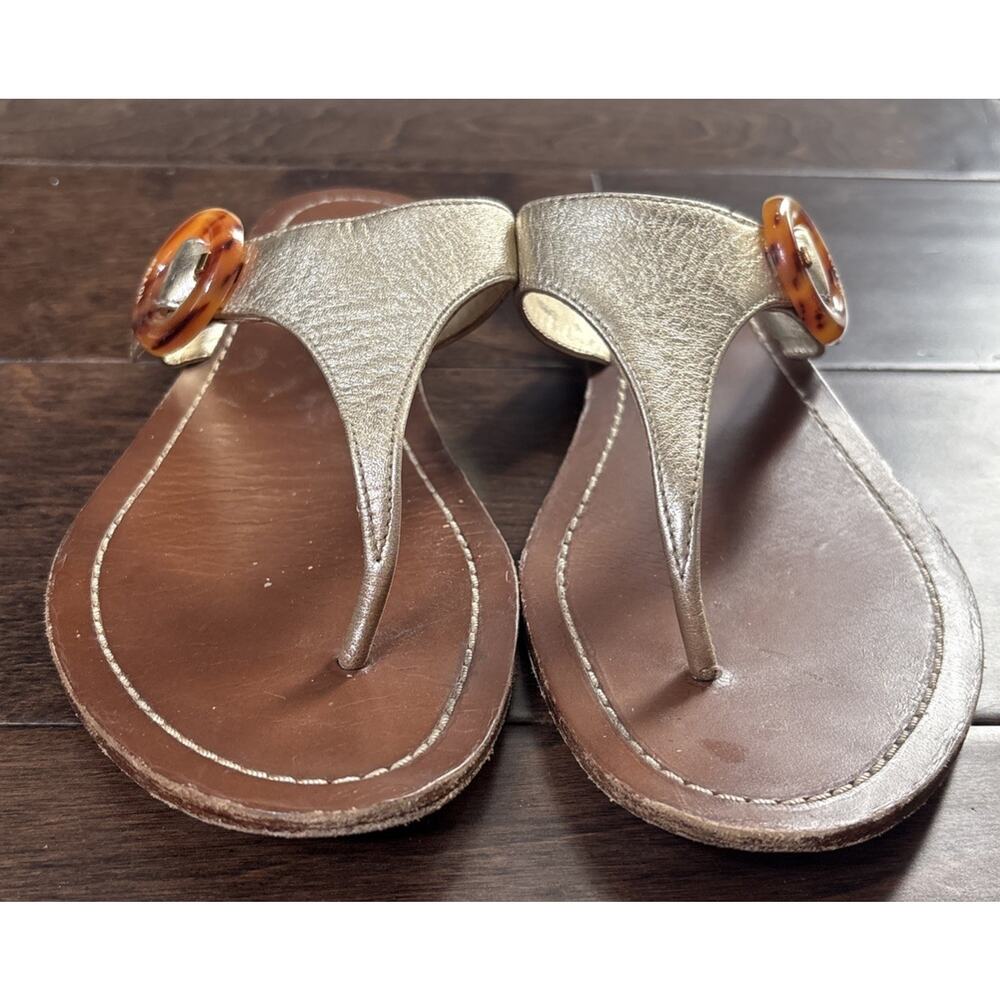 Prada Gold Leather Thong Sandals Women’s Size 38 Logo Buckle - Picture 2 of 8